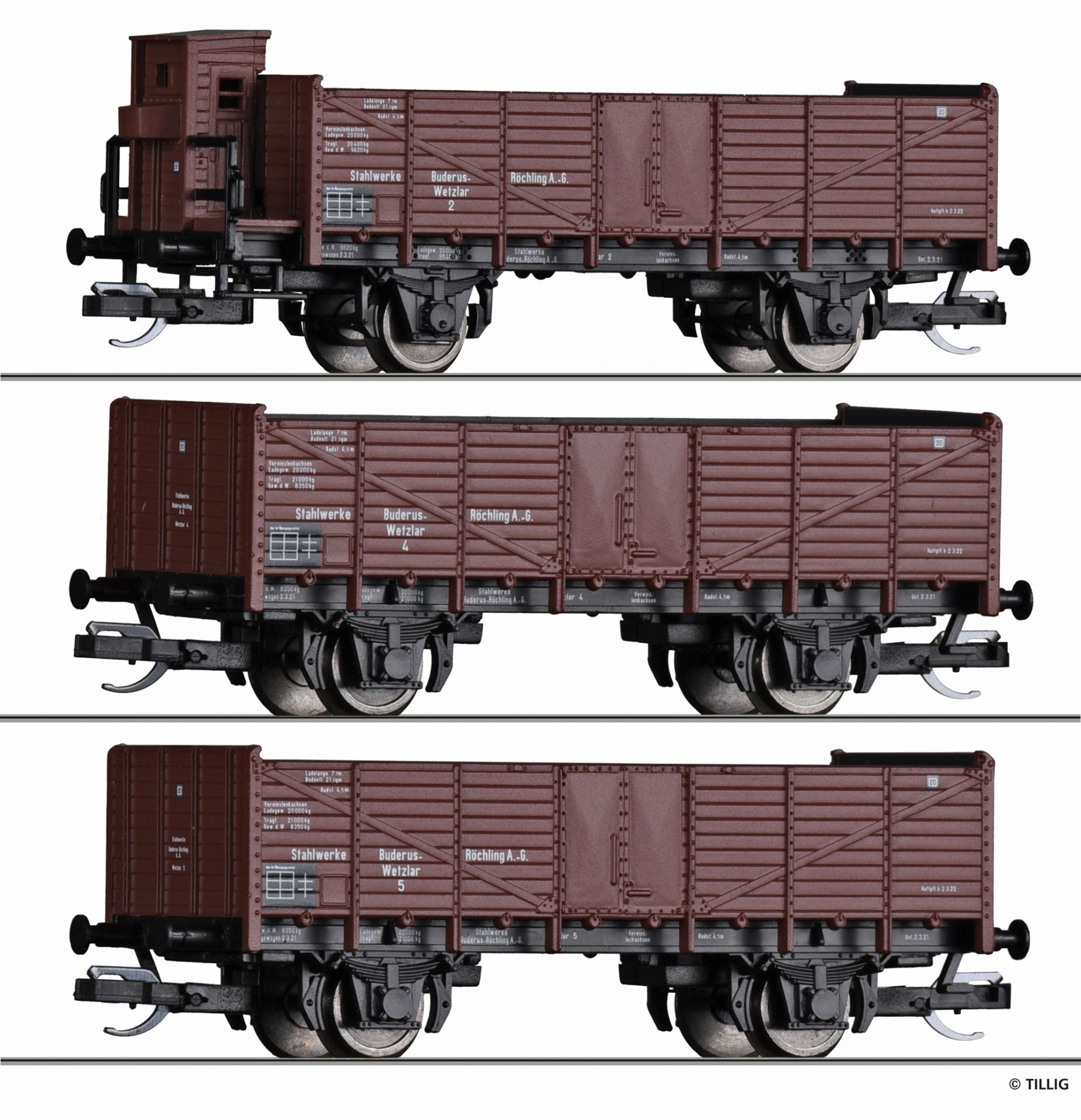 TILLIG 01057 - TT - 3-tlg. Offene Güterwagenset „Buderus-Röchling A.G.“, DRG, Ep. II